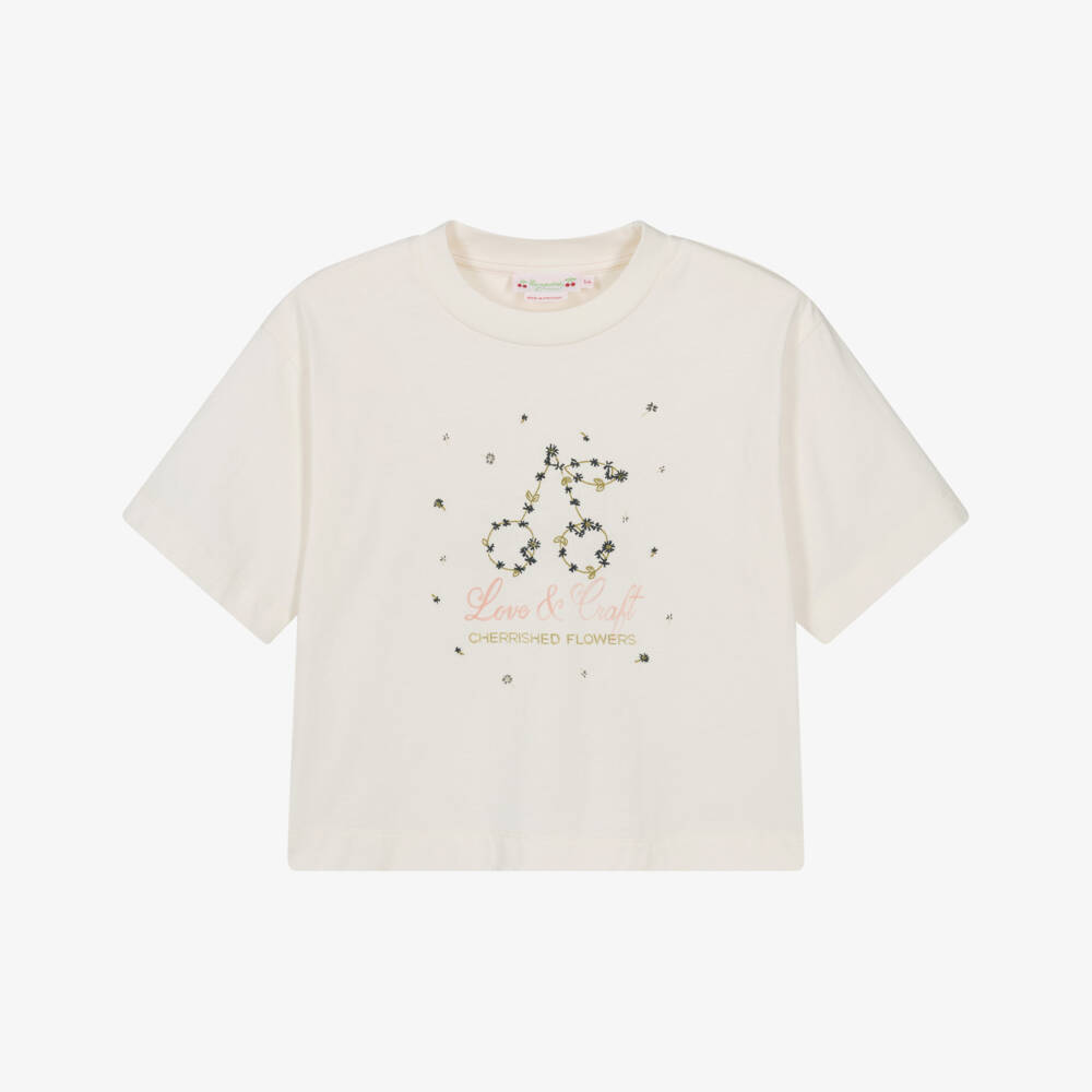 Bonpoint-Girls Ivory Cotton Cherry Embroidery T-Shirt  | Childrensalon