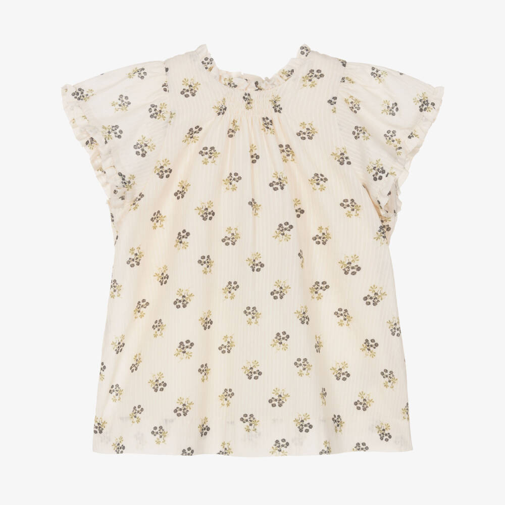 Bonpoint-Girls Ivory Cotton Dress with Black Floral Print | Childrensalon