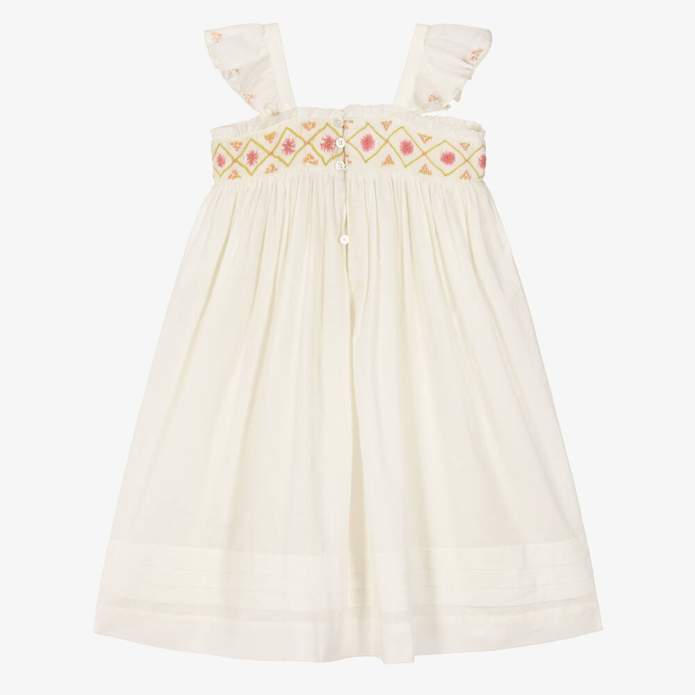 Bonpoint-Girls Ivory Cotton Dress with Pink Floral Embroidery | Childrensalon