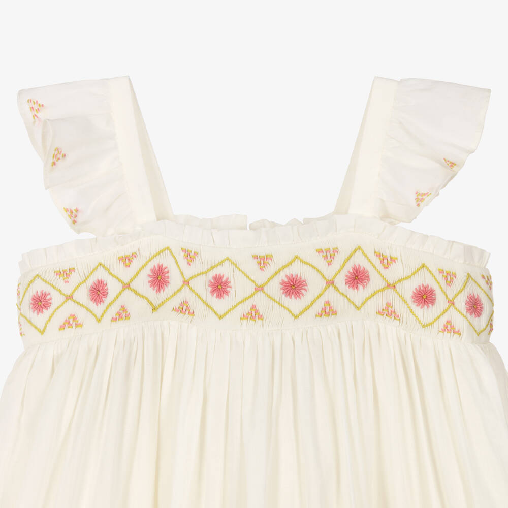 Bonpoint-Girls Ivory Cotton Dress with Pink Floral Embroidery | Childrensalon