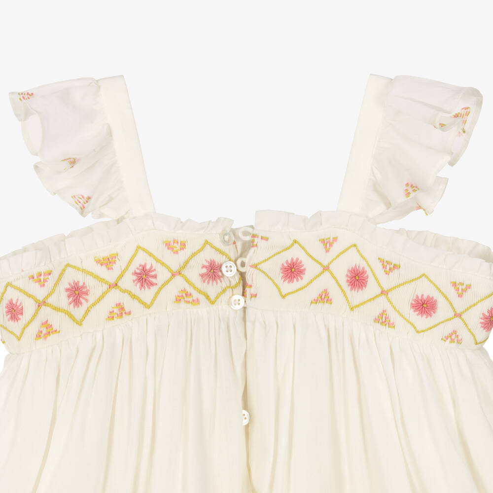 Bonpoint-Girls Ivory Cotton Dress with Pink Floral Embroidery | Childrensalon
