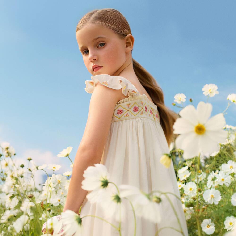 Bonpoint-Girls Ivory Cotton Dress with Pink Floral Embroidery | Childrensalon