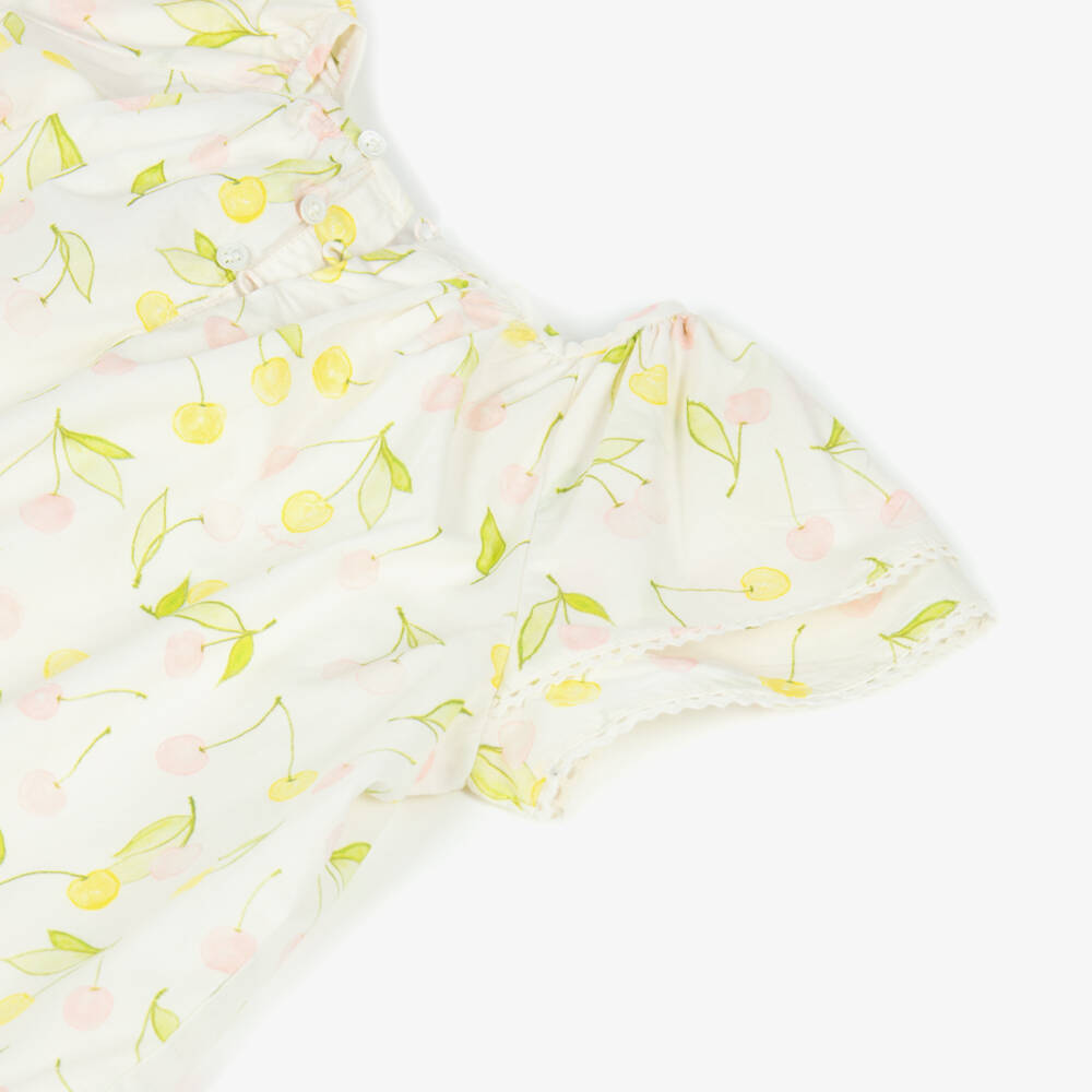 Bonpoint-Girls Ivory Cotton Dress with Pink & Yellow Cherries | Childrensalon
