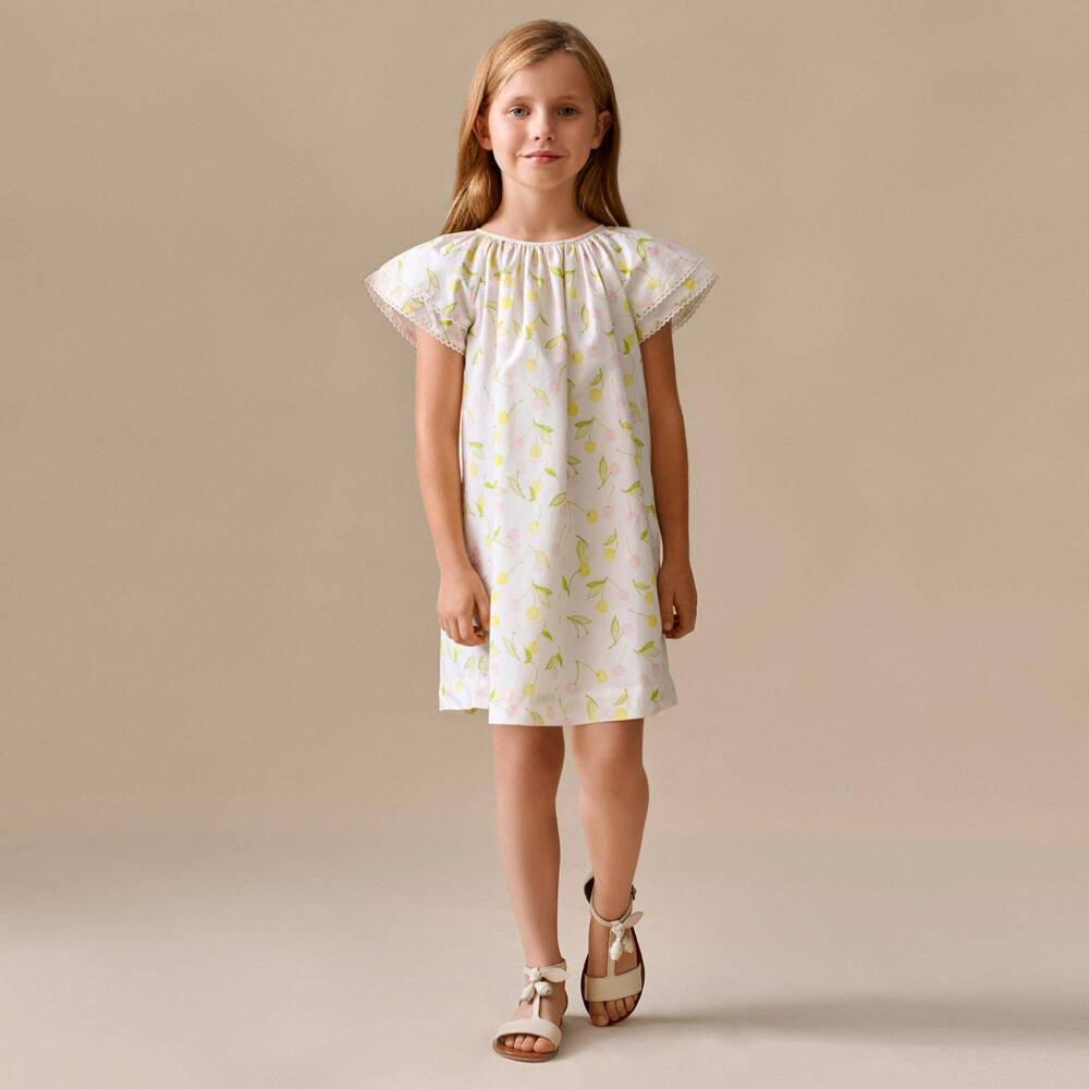Bonpoint-Girls Ivory Cotton Dress with Pink & Yellow Cherries | Childrensalon