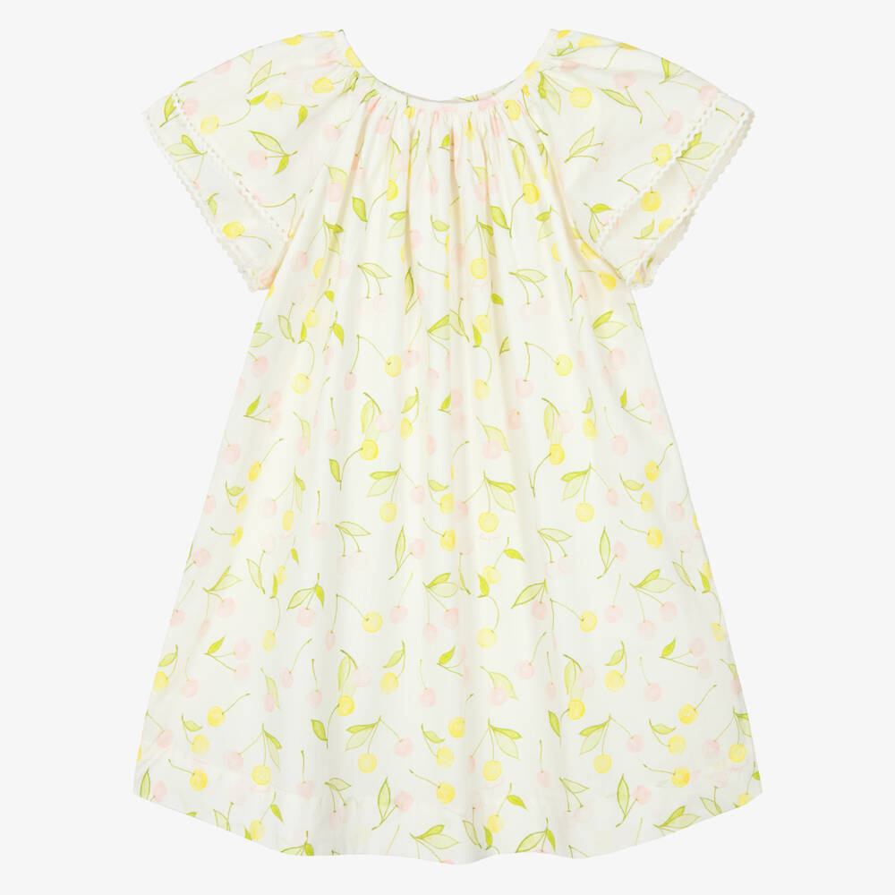 Bonpoint-Girls Ivory Cotton Dress with Pink & Yellow Cherries | Childrensalon