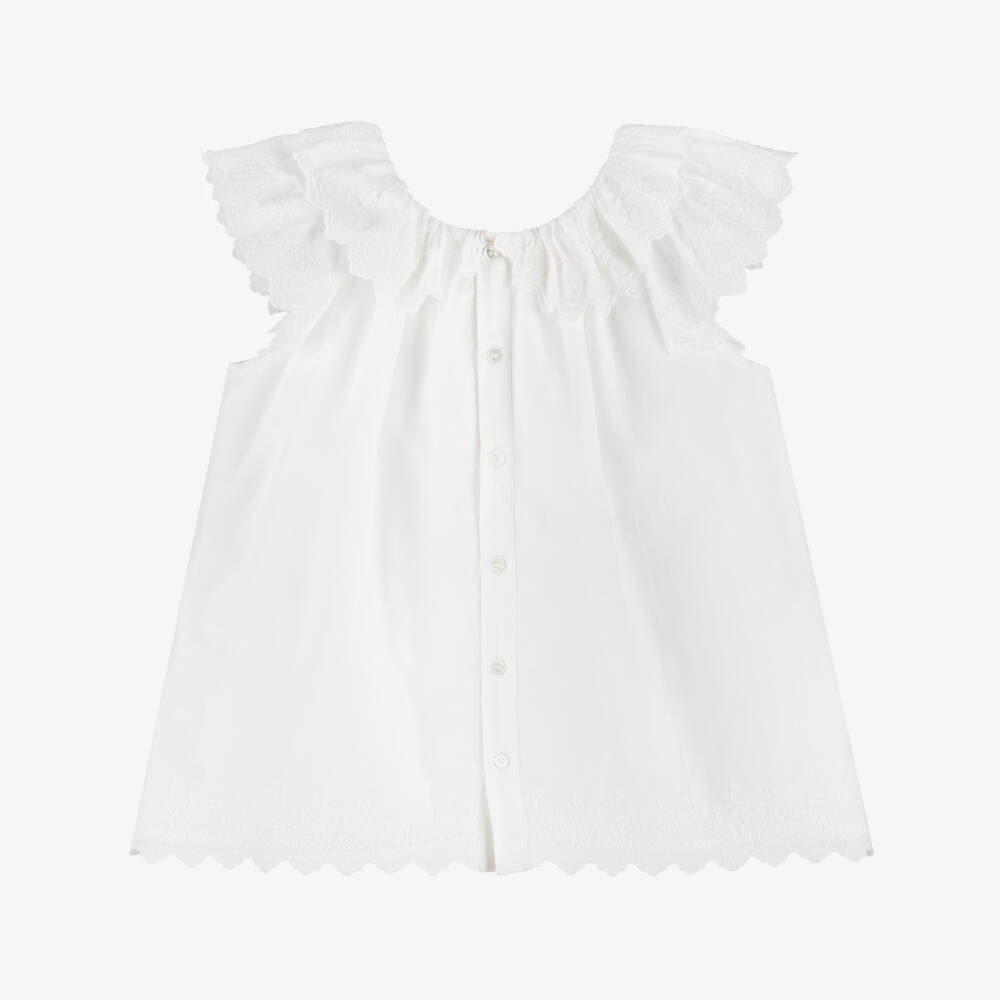 Bonpoint-Girls Ivory Cotton Embroidered Lace Trim Blouse | Childrensalon