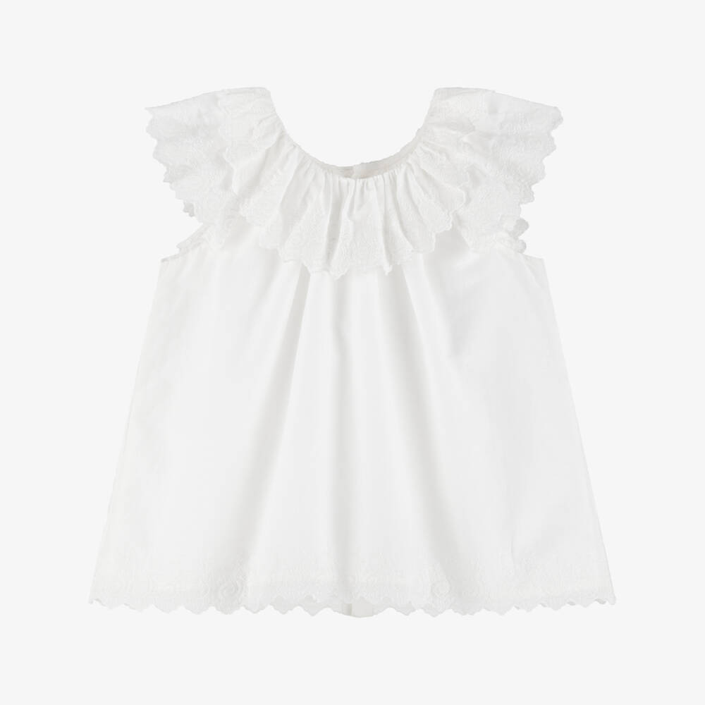 Bonpoint-Girls Ivory Cotton Embroidered Lace Trim Blouse | Childrensalon