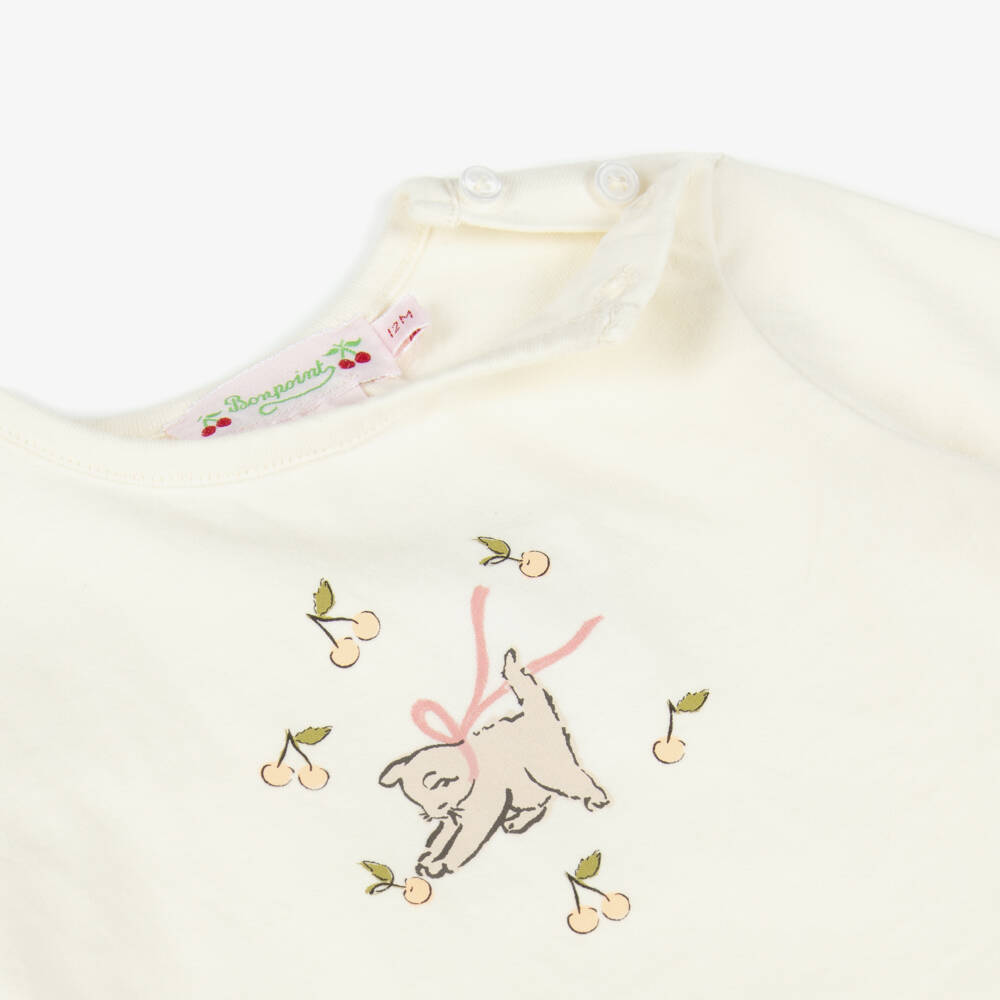 Bonpoint-Girls Ivory Cotton Kitten Print Long Sleeve Top | Childrensalon