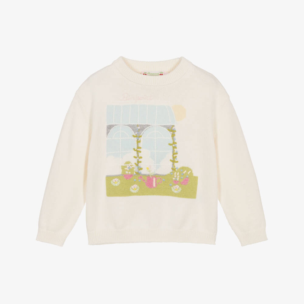 Bonpoint-Girls Ivory Cotton Knit Garden Scene Sweater  | Childrensalon