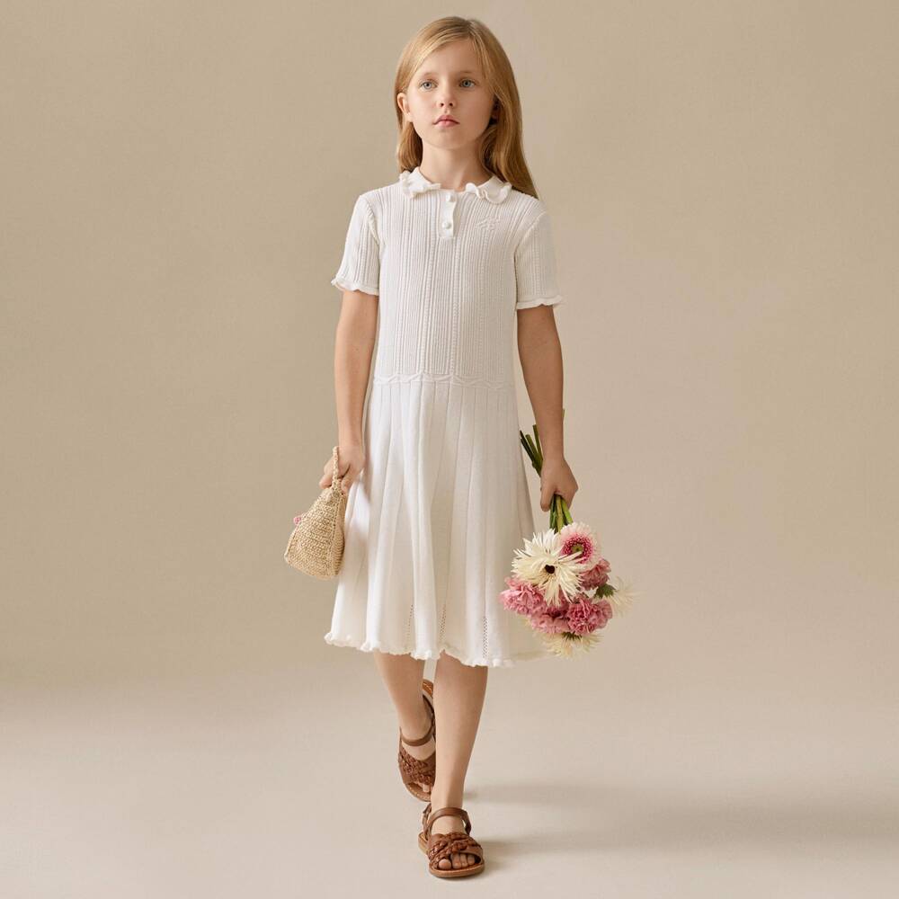 Bonpoint-Girls Ivory Cotton Knit Polo Dress | Childrensalon
