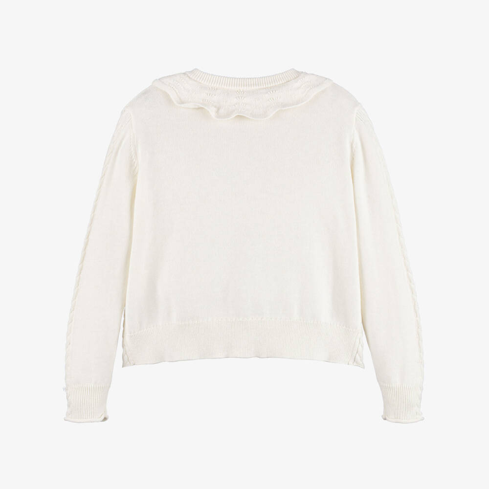 Bonpoint-Girls Ivory Cotton Knit Ruffle Collar Cardigan | Childrensalon