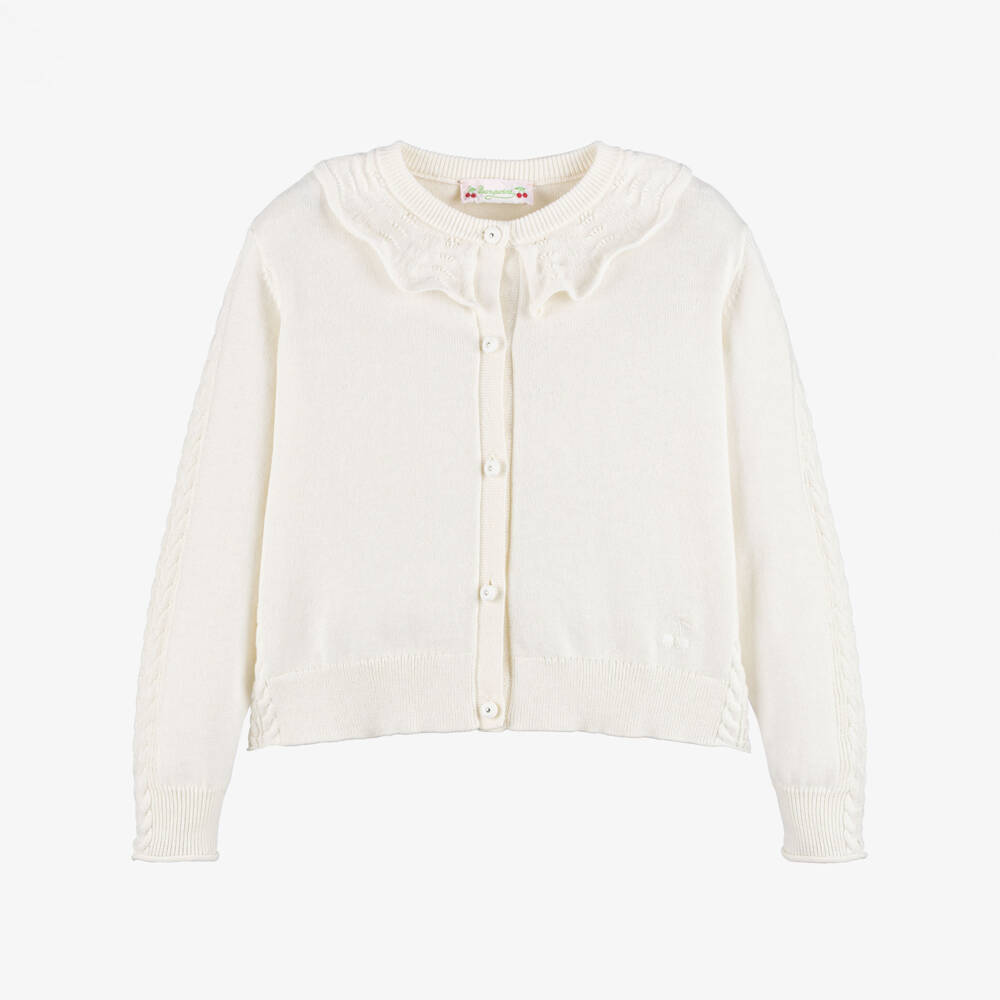 Bonpoint-Girls Ivory Cotton Knit Ruffle Collar Cardigan | Childrensalon