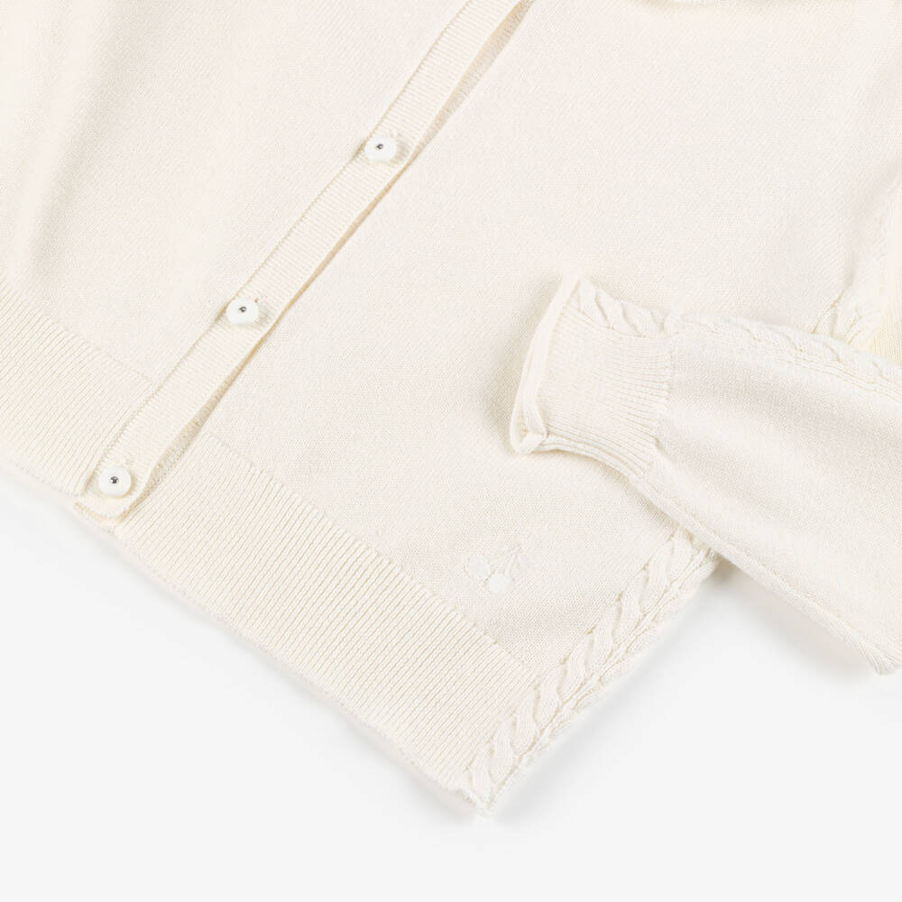 Bonpoint-Girls Ivory Cotton Knit Ruffle Collar Cardigan | Childrensalon