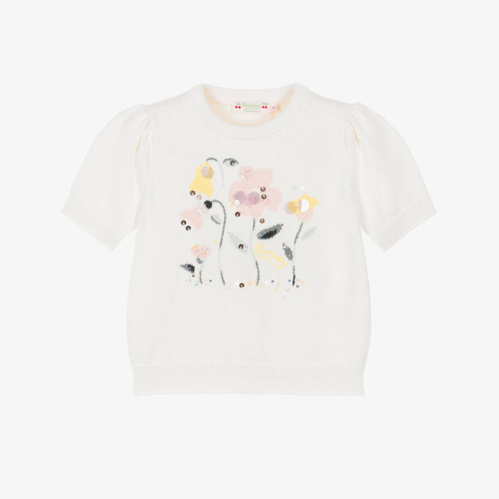 Bonpoint-Girls Ivory Cotton Knit Short Sleeve Sweater  | Childrensalon
