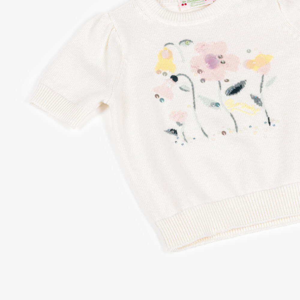 Bonpoint-Свитер кремовый хлопковый с короткими рукавами для девочек | Childrensalon