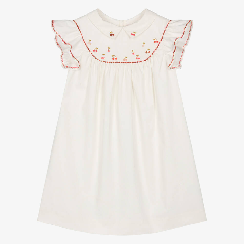 Bonpoint-Girls Ivory Cotton Poplin Cherry Embroidered Dress | Childrensalon