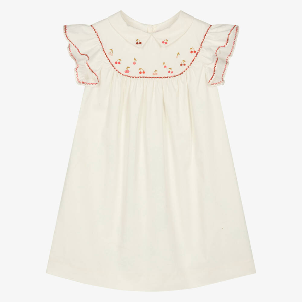 Bonpoint-Girls Ivory Cotton Poplin Cherry Embroidered Dress | Childrensalon