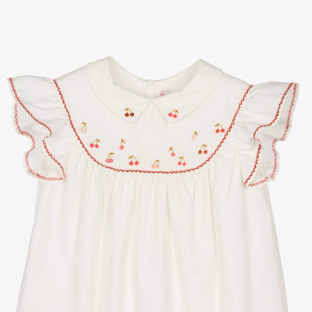 Bonpoint-Girls Ivory Cotton Poplin Cherry Embroidered Dress | Childrensalon