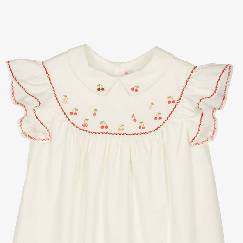 Bonpoint-Платье кремовое из хлопкового поплина с вышивкой вишен для девочек | Childrensalon