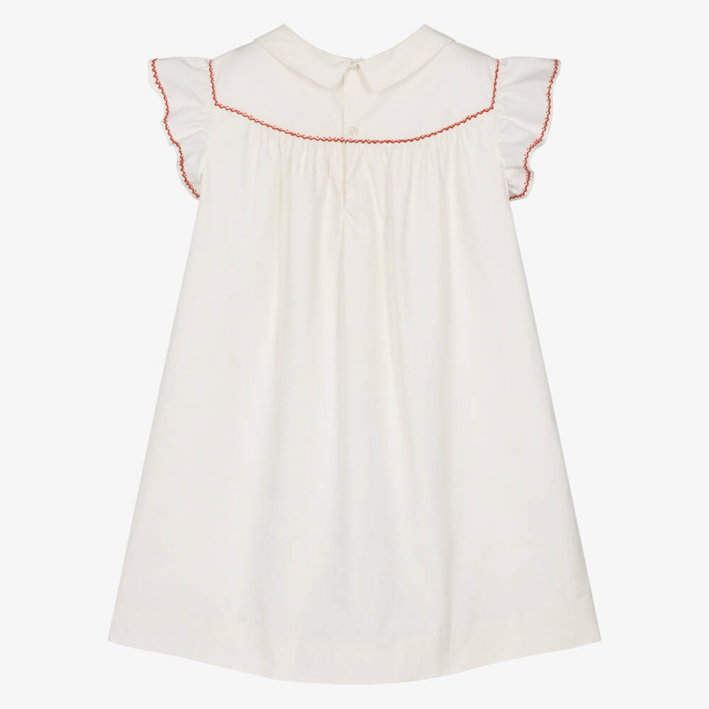 Bonpoint-Girls Ivory Cotton Poplin Cherry Embroidered Dress | Childrensalon