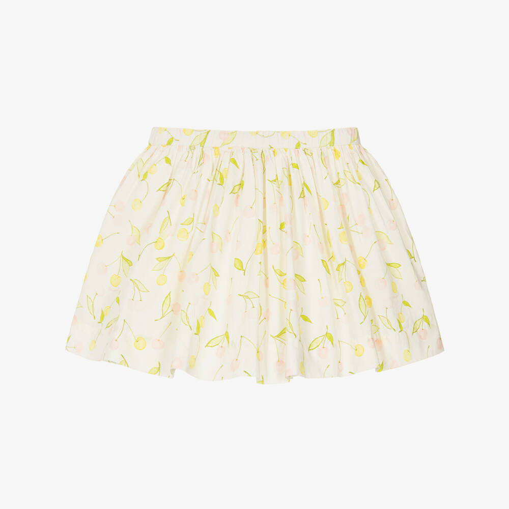 Bonpoint-Girls Ivory Cotton Skirt with Pink & Yellow Cherry Prints | Childrensalon