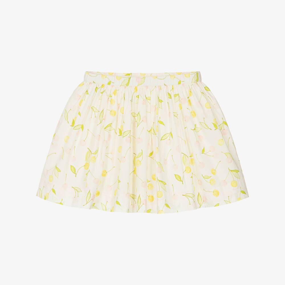 Bonpoint-Girls Ivory Cotton Skirt with Pink & Yellow Cherry Prints | Childrensalon