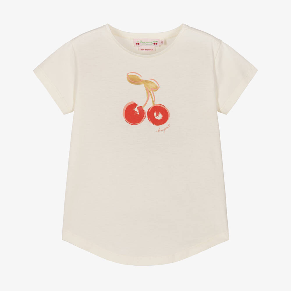 Bonpoint-تيشيرت قطن بشعار الكرز لون عاجي للبنات | Childrensalon