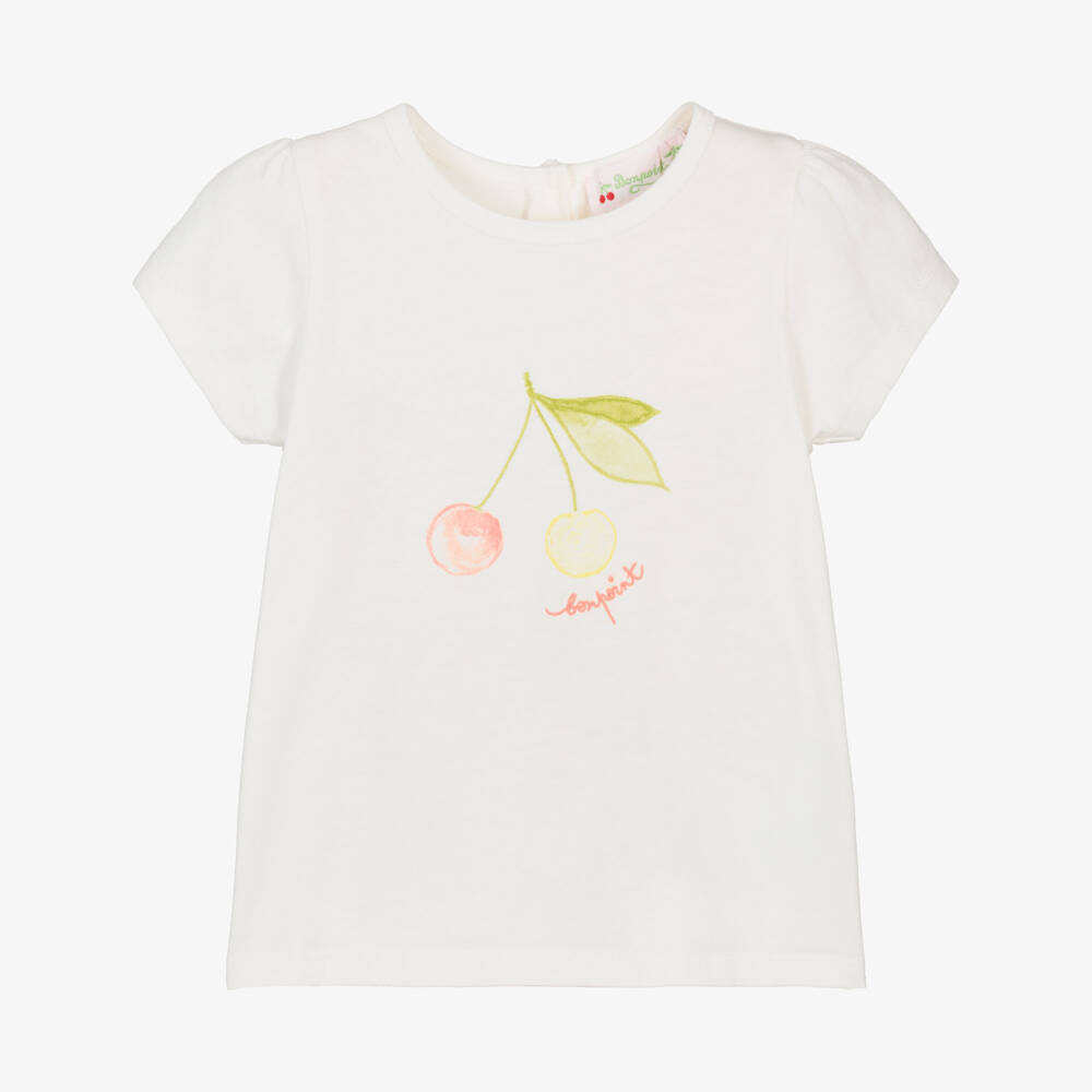 Bonpoint-Girls Ivory Cotton T-Shirt with Cherry Logo | Childrensalon