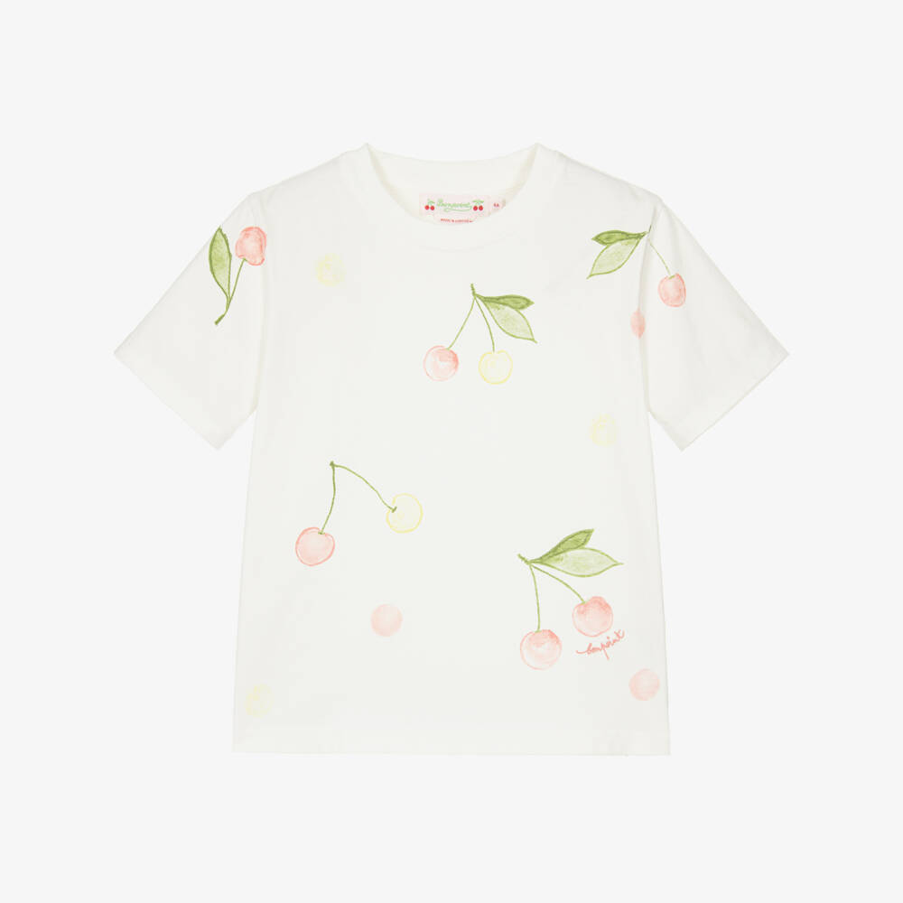 Bonpoint-Girls Ivory Cotton T-Shirt with Red & Yellow Cherry Prints | Childrensalon