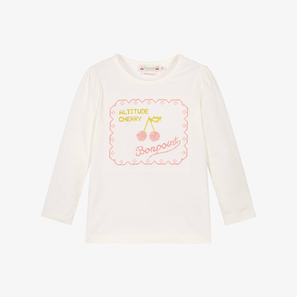 Bonpoint-Girls Ivory Cotton Top with Cherry Embroidery | Childrensalon