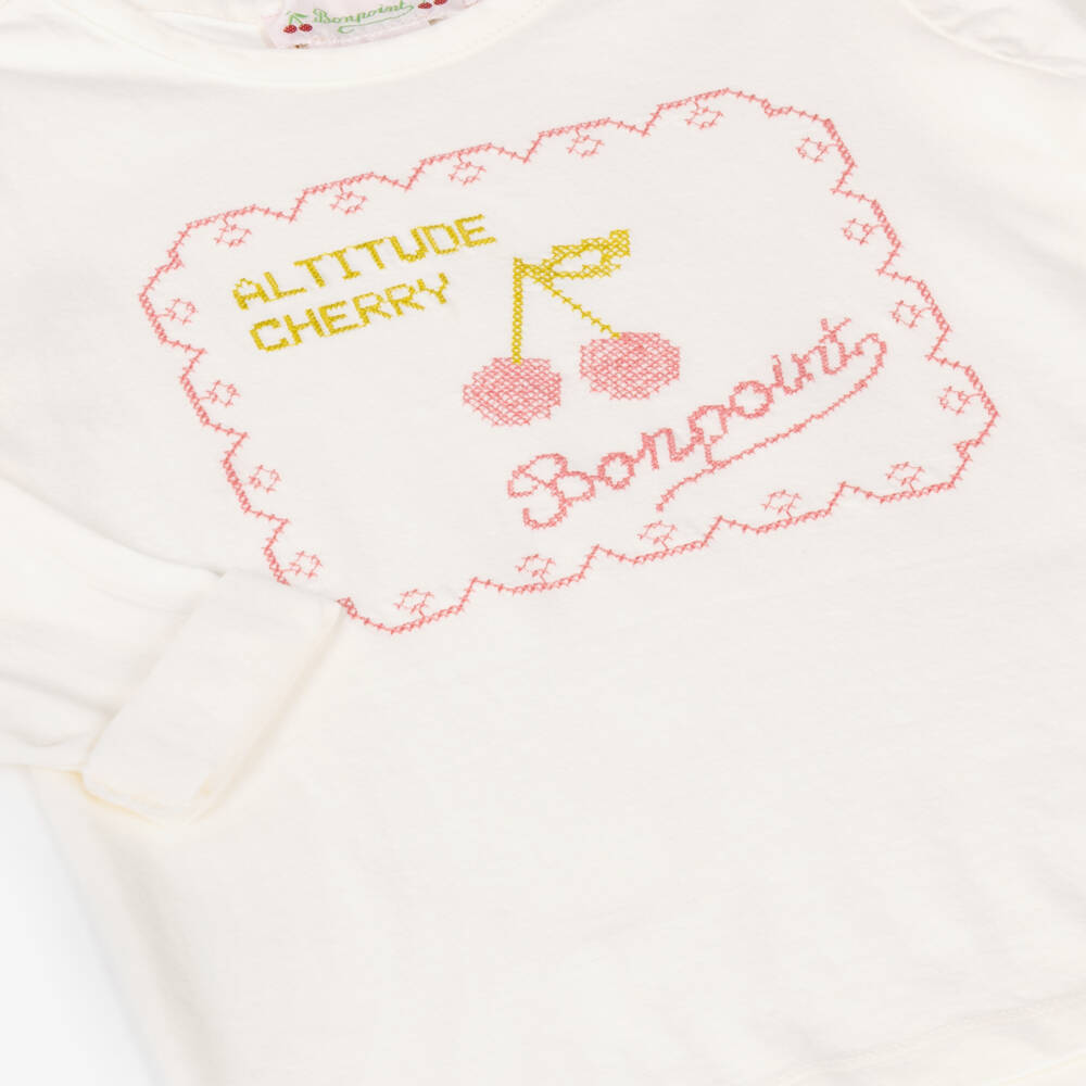 Bonpoint-Girls Ivory Cotton Top with Cherry Embroidery | Childrensalon