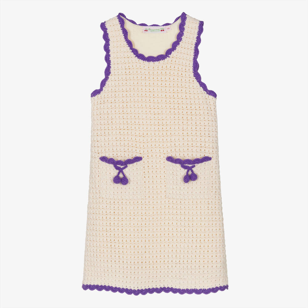 Bonpoint-Girls Ivory Crochet Cotton Dress with Purple Detailing | Childrensalon