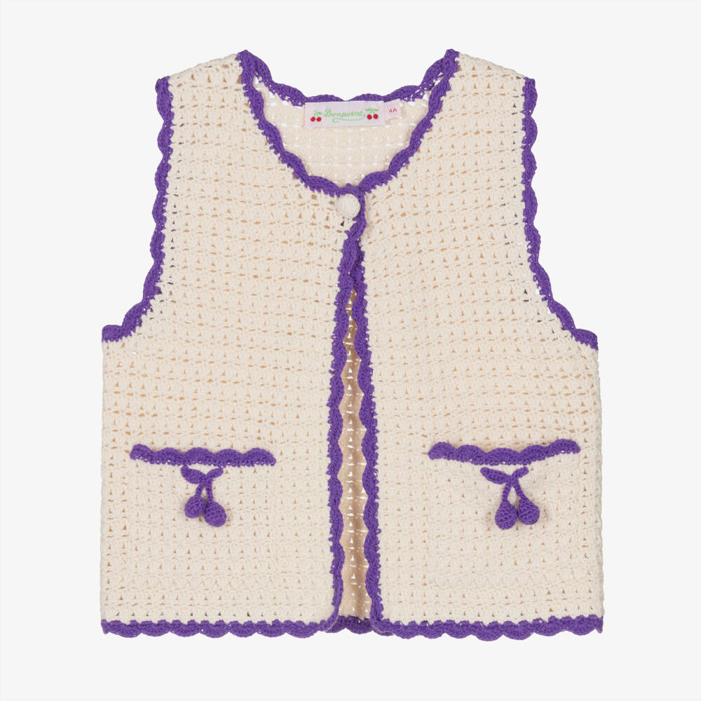 Bonpoint-Girls Ivory Crochet Cotton Waistcoat with Purple Detailing | Childrensalon