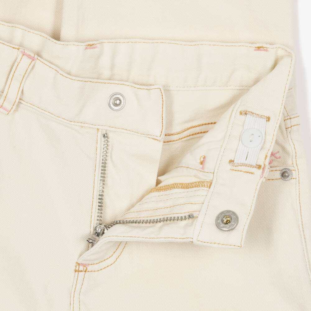 Bonpoint-Girls Ivory Denim Jeans with Embroidered Patterns | Childrensalon