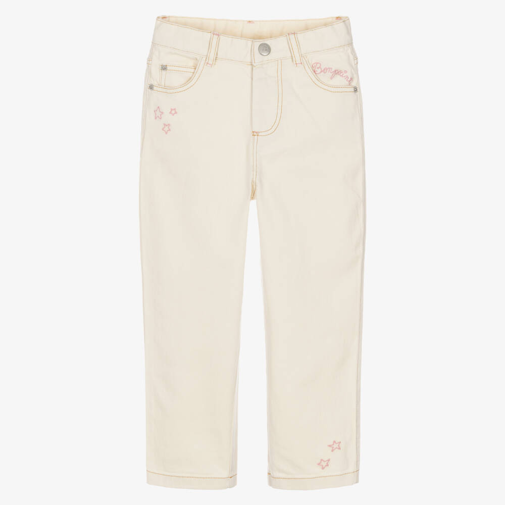 Bonpoint-Girls Ivory Denim Jeans with Embroidered Patterns | Childrensalon