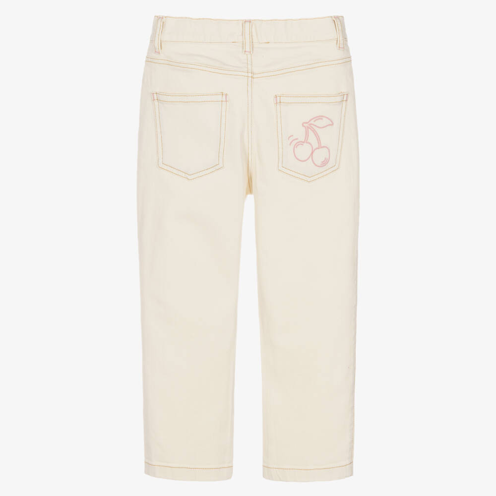 Bonpoint-Girls Ivory Denim Jeans with Embroidered Patterns | Childrensalon