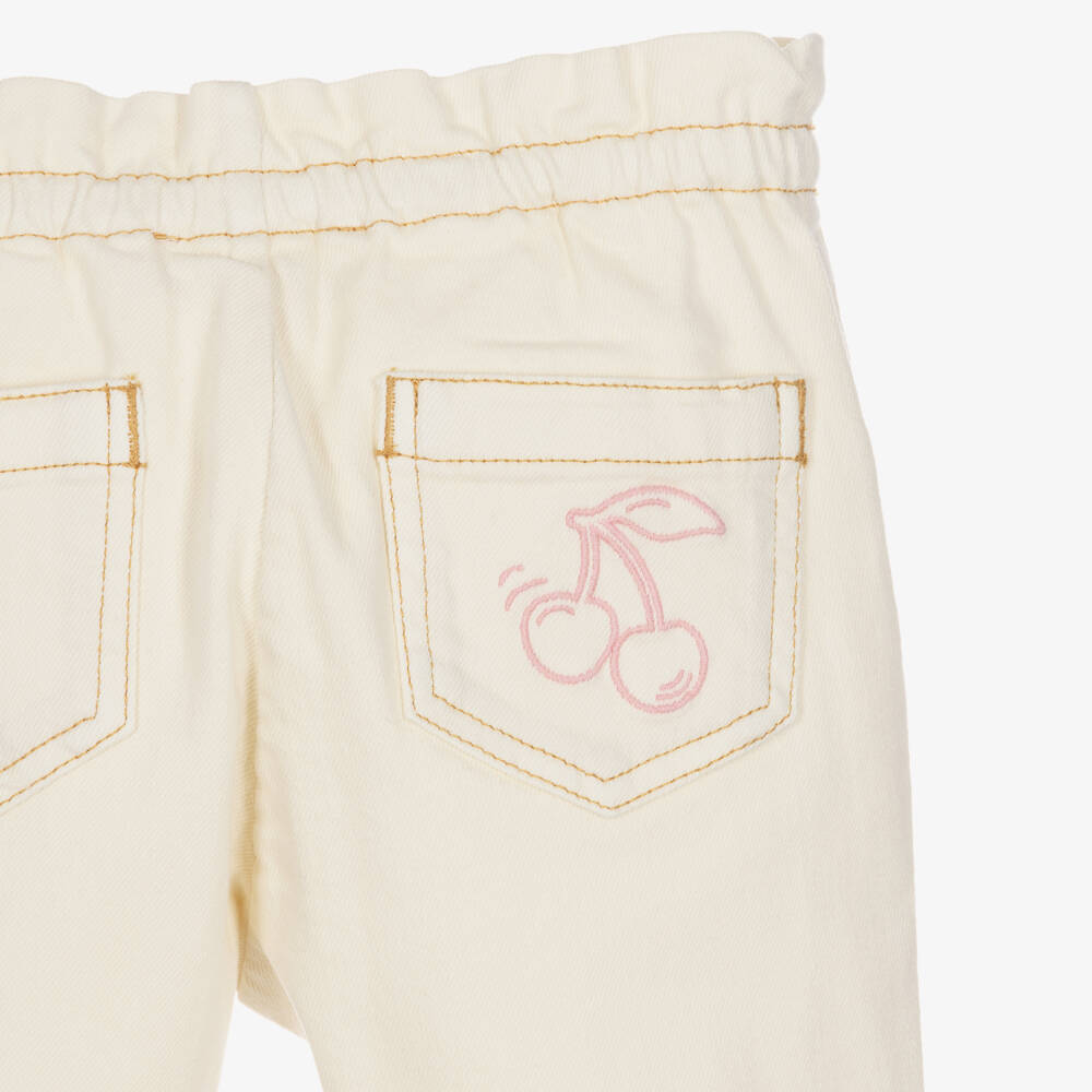 Bonpoint-Girls Ivory Denim Trousers with Embroidered Patterns | Childrensalon