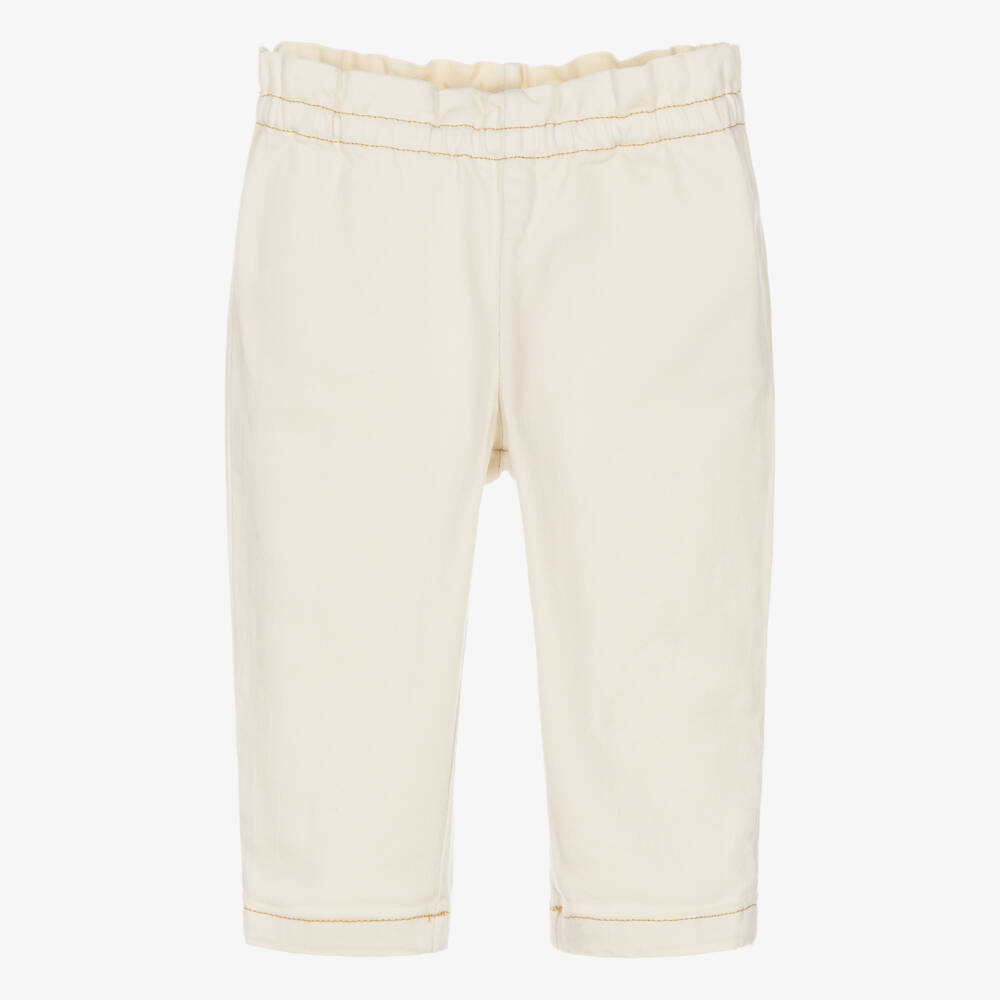 Bonpoint-Girls Ivory Denim Trousers with Embroidered Patterns | Childrensalon