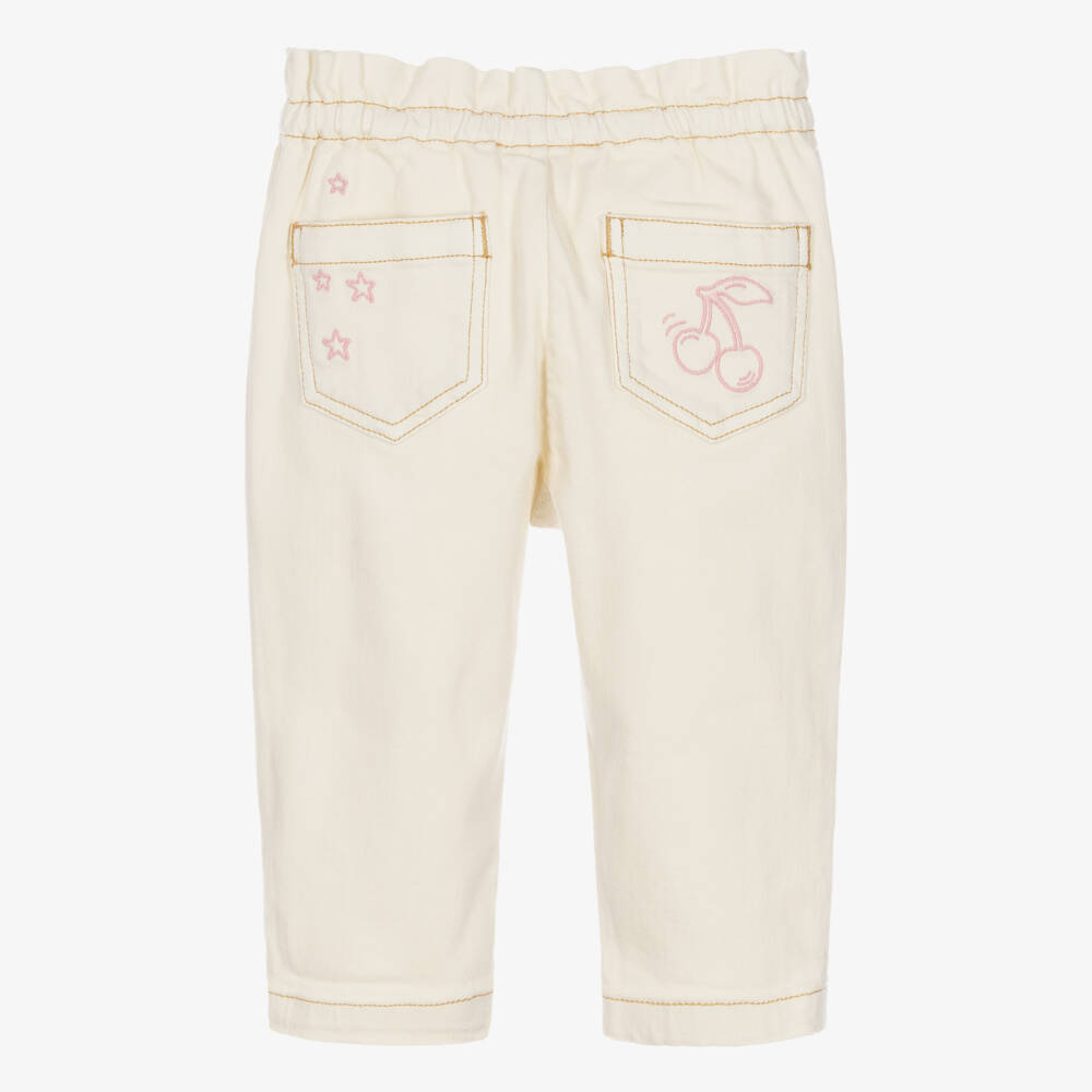 Bonpoint-Girls Ivory Denim Trousers with Embroidered Patterns | Childrensalon