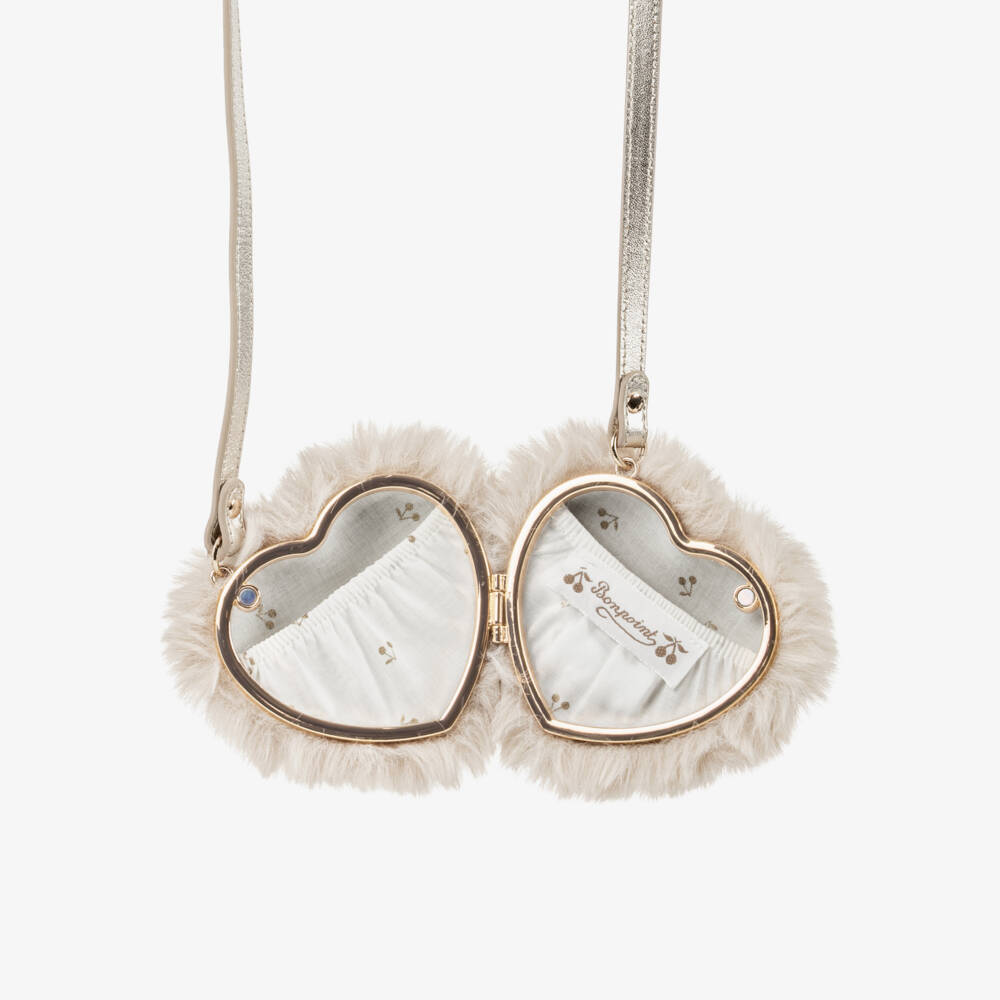Bonpoint-Girls Ivory Faux Fur Heart-Shaped Bag (10cm) | Childrensalon