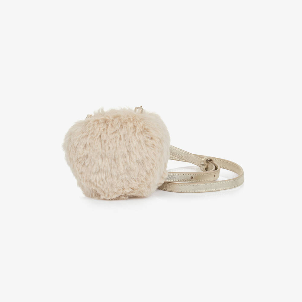 Bonpoint-Girls Ivory Faux Fur Heart-Shaped Bag (10cm) | Childrensalon
