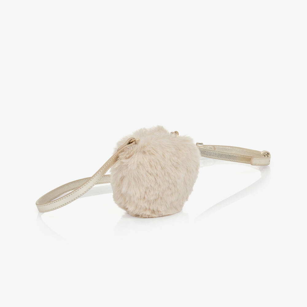 Bonpoint-Girls Ivory Faux Fur Heart-Shaped Bag (10cm) | Childrensalon