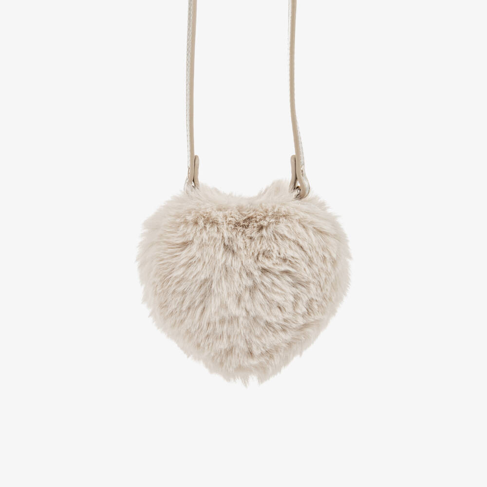 Bonpoint-Girls Ivory Faux Fur Heart-Shaped Bag (10cm) | Childrensalon