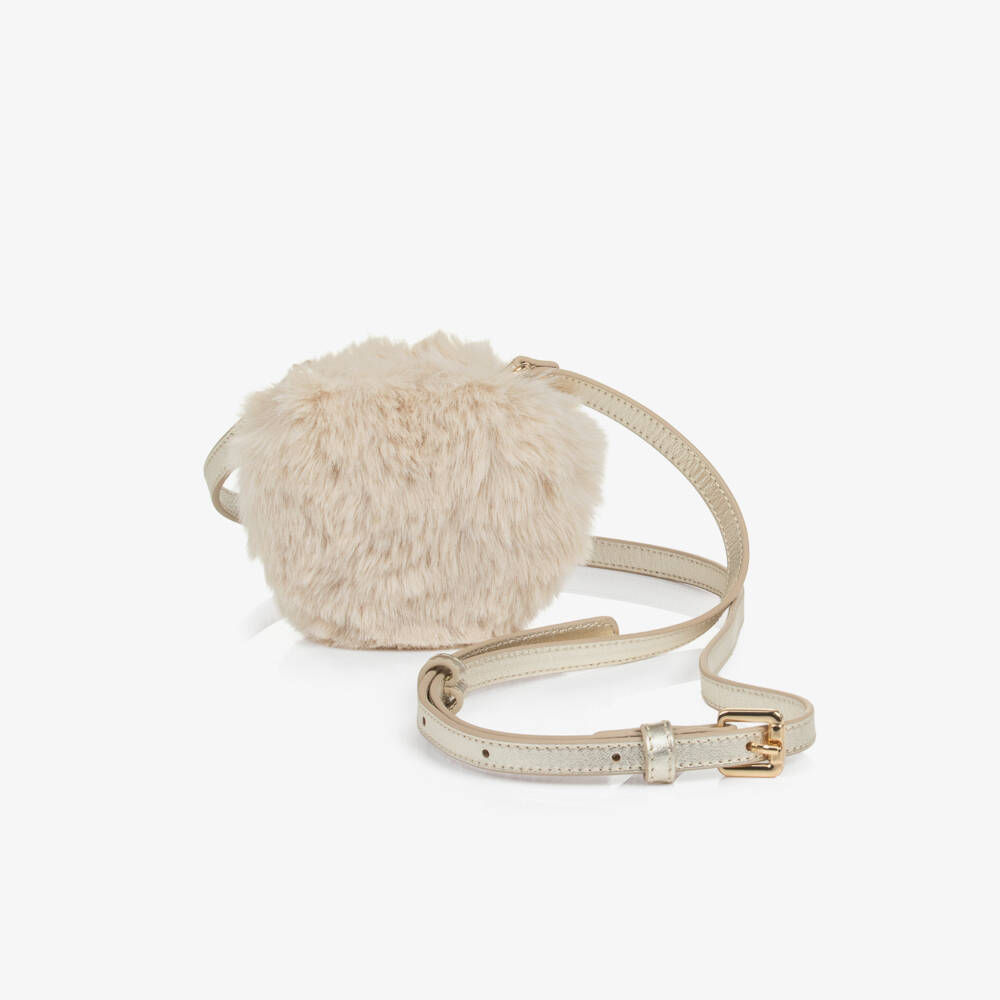 Bonpoint-Girls Ivory Faux Fur Heart-Shaped Bag (10cm) | Childrensalon
