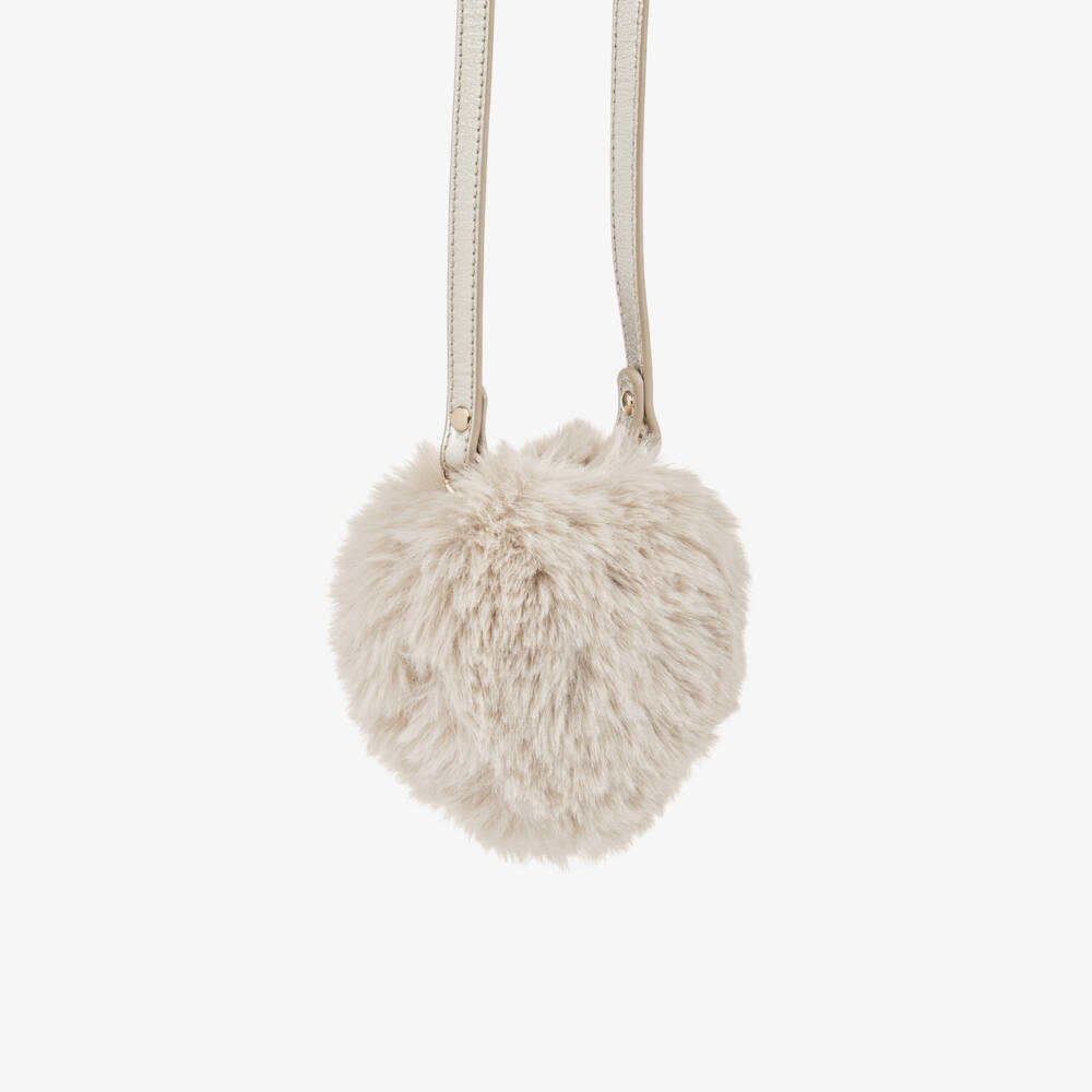 Bonpoint-Girls Ivory Faux Fur Heart-Shaped Bag (10cm) | Childrensalon