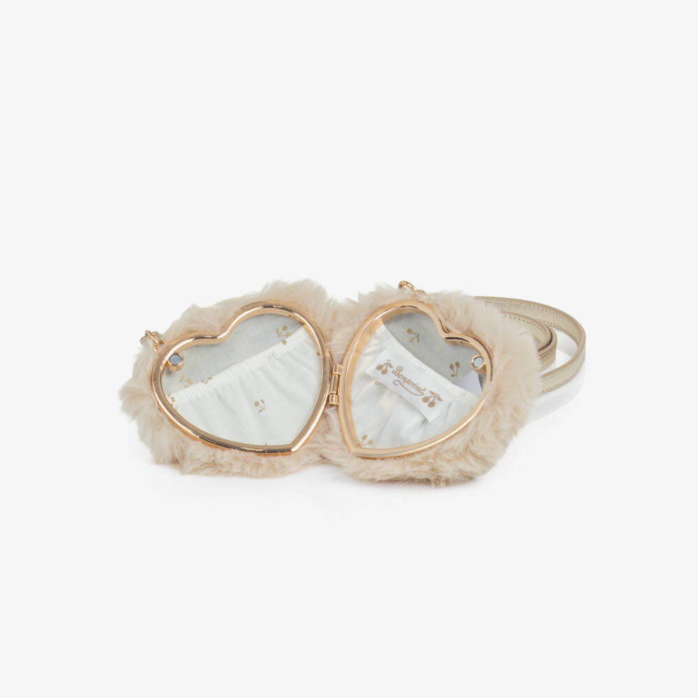 Bonpoint-Girls Ivory Faux Fur Heart-Shaped Bag (10cm) | Childrensalon
