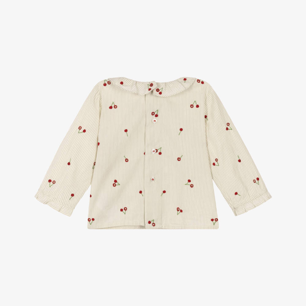 Bonpoint-Girls Ivory & Green Striped Blouse with Cherry Embroidery | Childrensalon