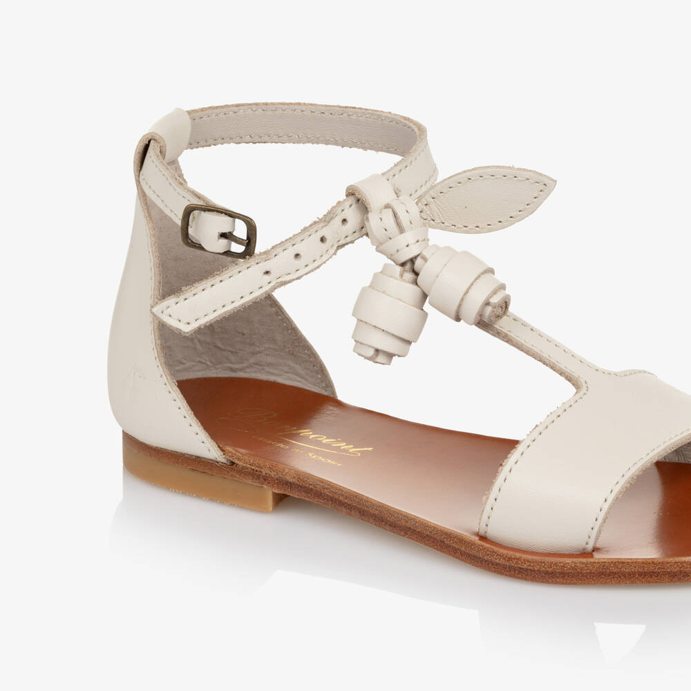 Bonpoint-Girls Ivory Leather Sandals with Rose Details | Childrensalon