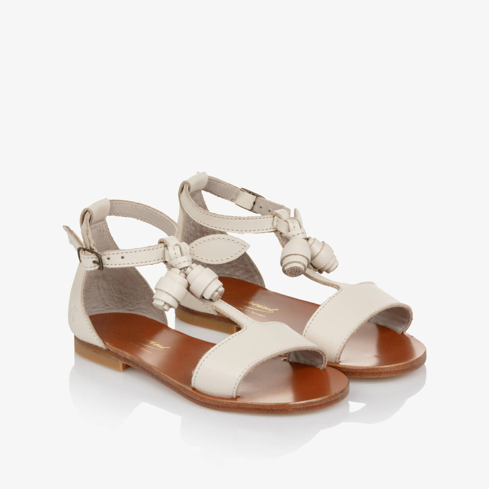 Bonpoint-Girls Ivory Leather Sandals with Rose Details | Childrensalon