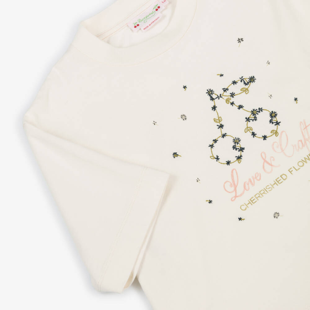 Bonpoint-Girls Ivory Organic Cotton Cherry Embroidery T-Shirt | Childrensalon